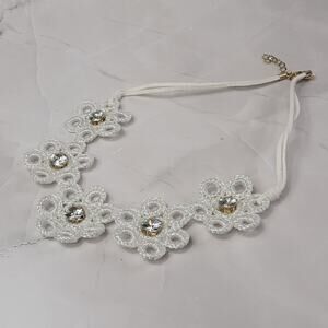 White Floral Tatted Bib Necklace with Crystal Centers